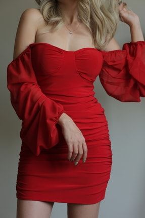 Kadın Kırmızı Galoplu Kollar Tül Drapeli Sandy Kumaş Elbise KDTE-SE-1001
