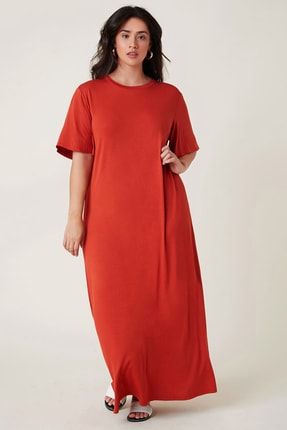 Kadın Büyük Beden Kırmızı Oversize Kısa Kol Uzun Elbise 5131 301 TSBBKBBKT