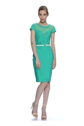 Beli Kemerli Arkadan Fermuarlu Dantel Yaka Yeşil Kadın Elbise 506389731