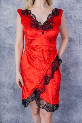Kırmızı Kadife Dantelli Mini Abiye Elbise V Yaka 108