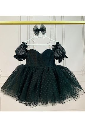 Siyah Flok Tül Kalp Detaylı Prenses Kol Kabarık Elbise TYC00420477080