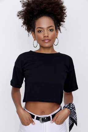 Kadın Siyah Double Kol Oversize Crop Tişört 2YKTSTN4491