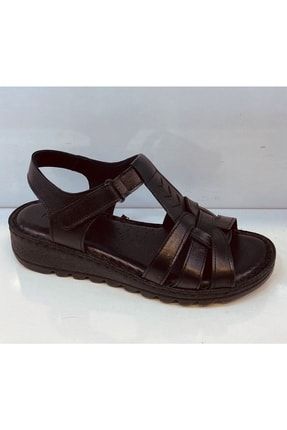 063-017 Hakiki Deri Siyah Dolgu Topuk Kadın Sandalet 011.063-017