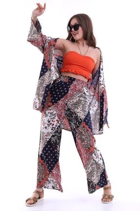 Lacivert-bordo Desenli Kimono Ve Beli Lastikli Çift Cepli Viskon Salaş Pantolon Takımı Zyn-58042 ZYN-58042
