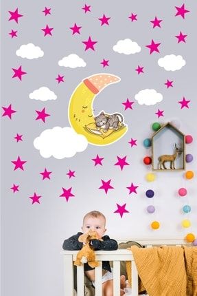 Çocuk Bebek Odası Ay Dede Ve Bulutlar Duvar Sticker Seti 100 Adet Pembe Yıldız Duvar Stickerı aysticker-17
