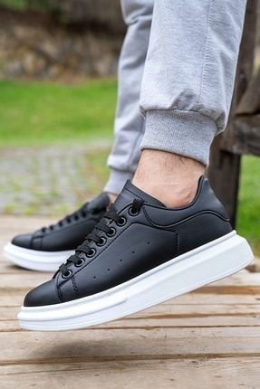 Unisex Siyah-beyaz Bağcıklı Sneaker Yüksek Tabanlı Yürüyüş Spor Ayakkabısı Siyah Renk ENTİ001