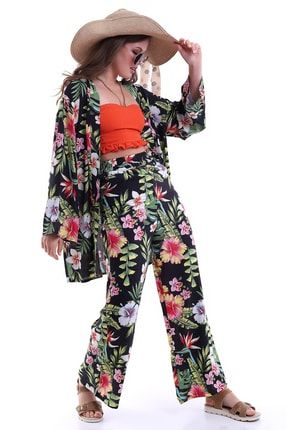 Siyah-yeşil Desenli Kimono Ve Beli Lastikli Çift Cepli Viskon Salaş Pantolon Takımı Zyn-58042 ZYN-58042