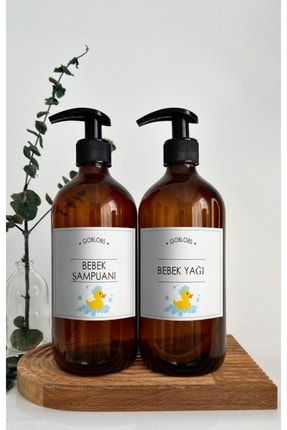 2'li Set 500ml Amber Kahverengi Cam Şişe Bebek Şampuanı & Bebek Yağı Beyaz Etiketli goset2