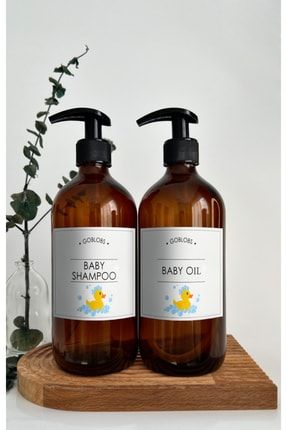 2'li Set 500ml Amber Kahverengi Cam Şişe Baby Shampoo & Baby Oil Beyaz Etiketli goset2