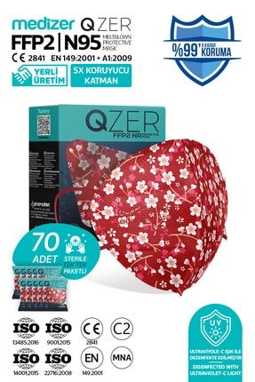 Qzer 70 Adet Kırmızı Çiçek Desenli N95 Maske 5 Katmanlı N95-70