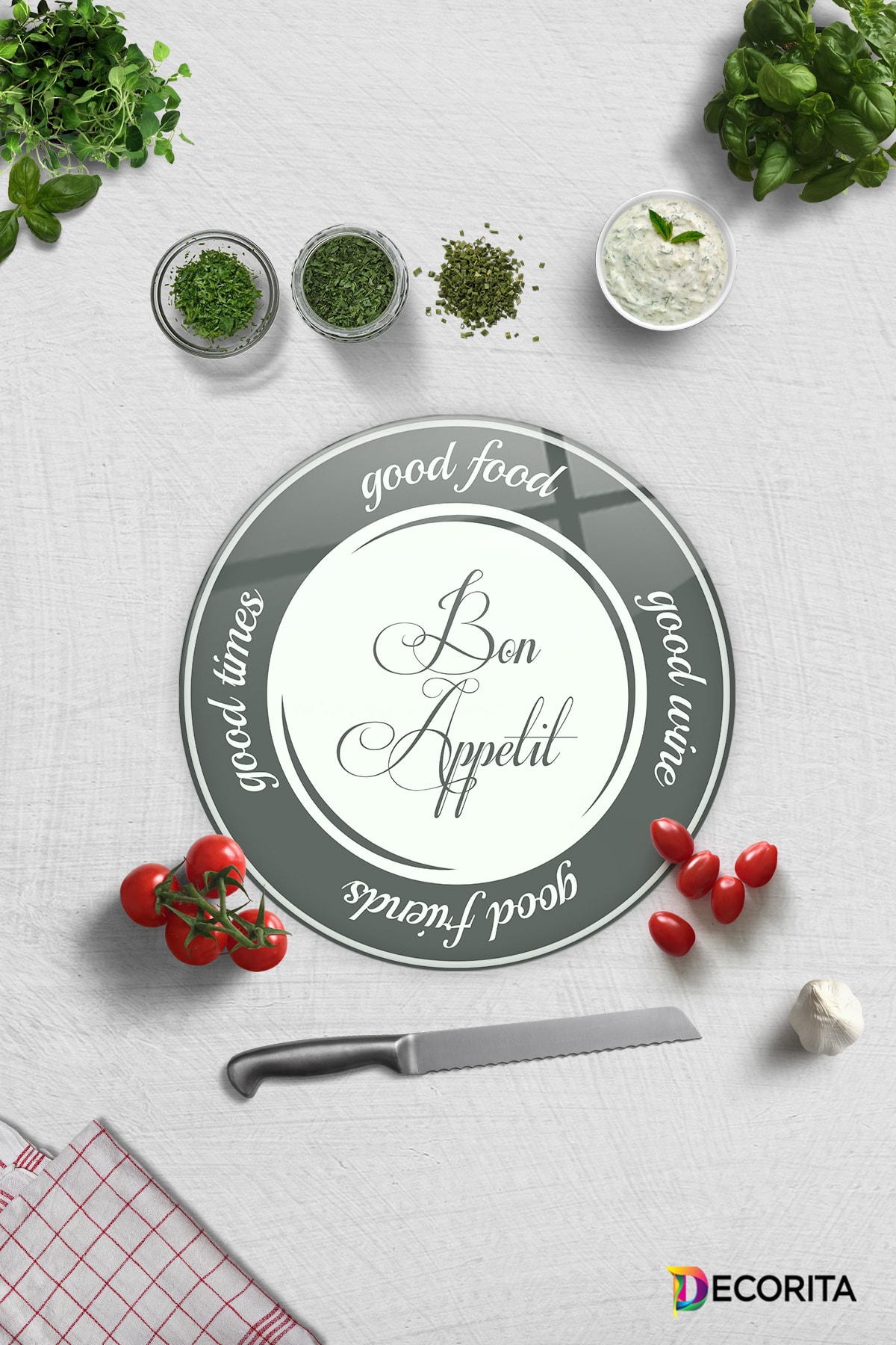 Glass Cutting Board - Glass Cutting Board | Good Food - White Background | Diameter 32cm