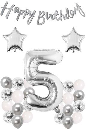 Gümüş Konsept 5 Yaş Doğum Günü Kutlama Seti Beyaz Gümüş Konfetili Balon Rakam Yıldız Folyo Ve Banner PG0546C