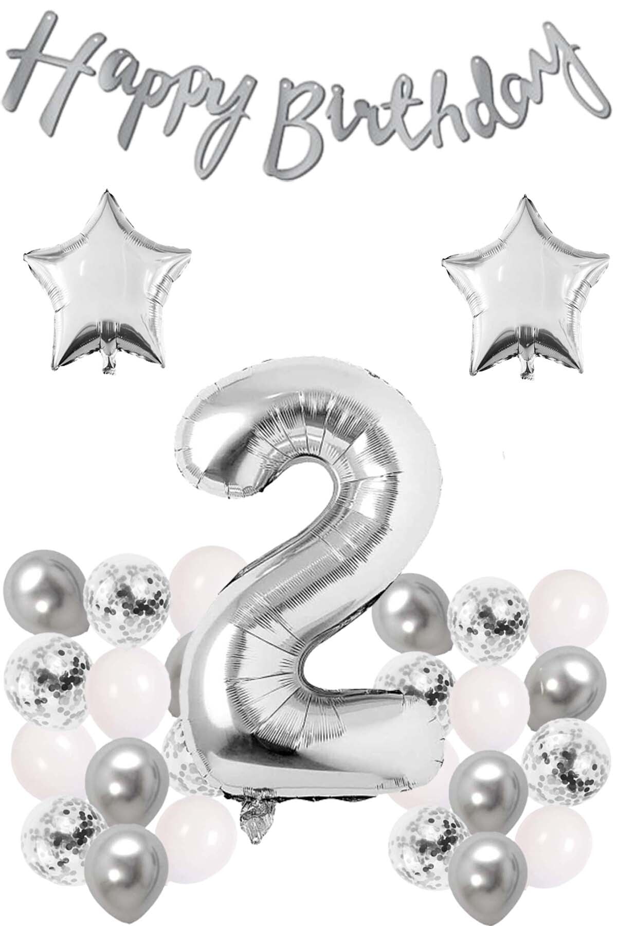 Patladı Gitti Gümüş Konsept 2 Yaş Doğum Günü Kutlama Seti Beyaz Gümüş Konfetili Balon Rakam Yıldız Folyo Ve Banner