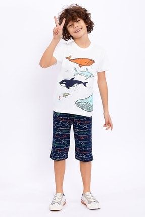 Erkek Çocuk Balık Desenli Kapri Takım 2'li T-shirt Kapri Günlük Takım RP2724