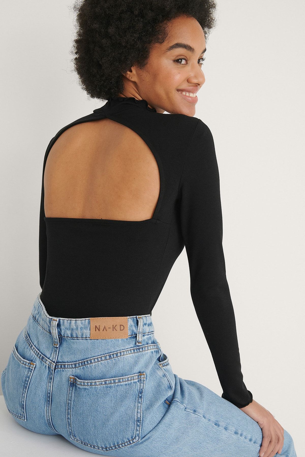 NA KD High Neck Open Back Long Sleeve Top Black Trendyol
