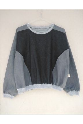 Tasarım Bisiklet Yaka,düşük Kol,koyu Açık Kot Karışımı,oversize Crop ,ince Sweatshirt LV-0139