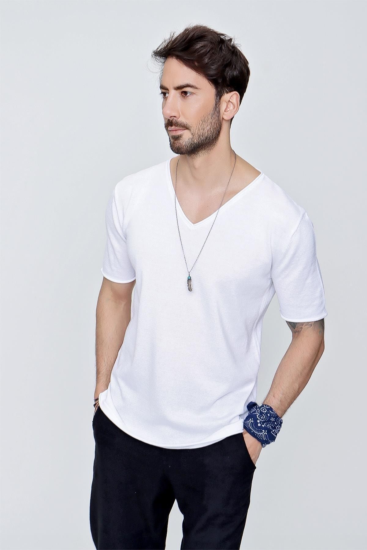 CHUBA Erkek V Yaka Loose Fit Pamuklu Ince Triko T shirt Beyaz