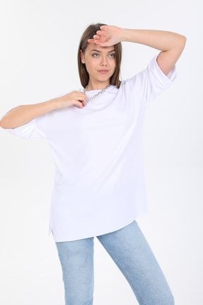 Kadın Beyaz % 100 Pamuk Yırtmaçlı Oversize Örme T-shirt M094