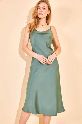 Kadın Yeşil Degaje Yaka Saten Elbise 1YZK6-11844-08
