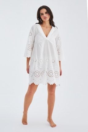 Hiromi Dress %100 Pamuk 3/4 Kol Diz Hizası Yazlık Kadın Elbise Beyaz 12311011