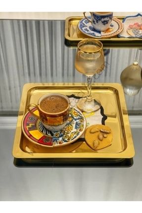 Lüx Kare Paslanmaz Çelik Gold Titanyum Kaplama Kahve, Çay, Dekoratif Sunum Servis Tepsisi 21x21 Cm TKKRE21