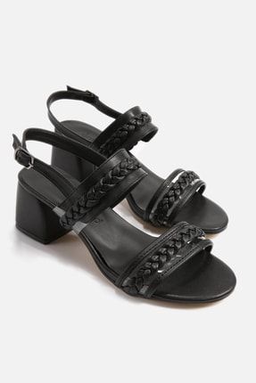 Kadın 2 Bant Örgülü Topuklu Sandalet Siyah Cilt Z35001150074