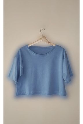 Kadın Mavi %100 Pamuk Bisiklet Yaka Örme Size Crop T-shirt Overcrop35