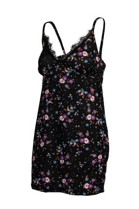 Kadın Siyah Çiçek Desenli Ip Askılı Dantel Detaylı Elbise C6122Y007007