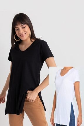 Kadın Siyah Beyaz V Yaka Yırtmaçlı 2li Paket T-shirt YC-BASİC-001