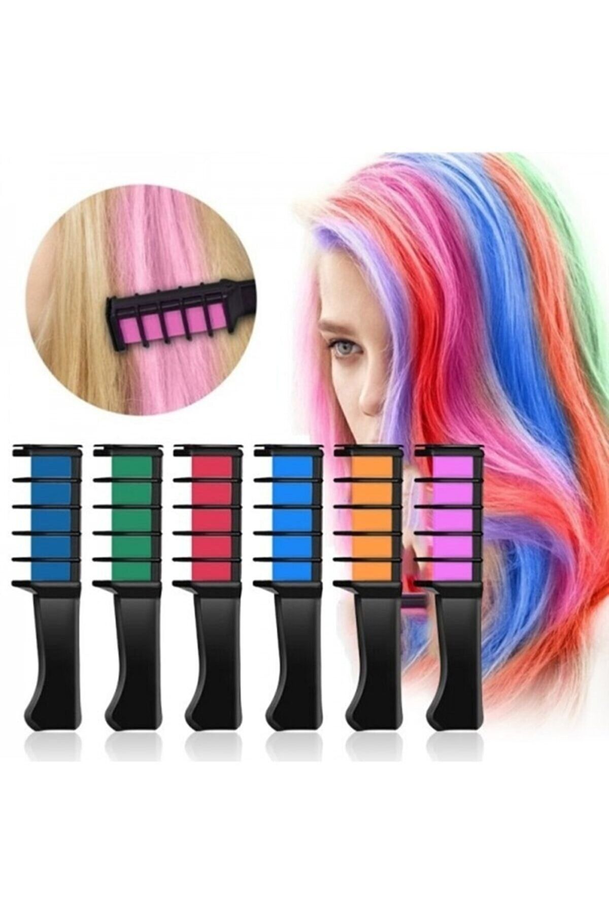 caddeoutlet Hairchalk Süper Karışık Renkli Mini Taraklı Saç Tebeşiri Seti ( 6 Lı Set ) 6lı Saç Tebeşiri-tarak
