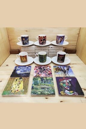 Dali,Van Gogh, Picasso, Kandinsky, Klimt, Monet 6 Lı Türk Kahvesi Fincanı ve Taş Bardak Altlığı Seti SET-TKFBA-TAM6-G