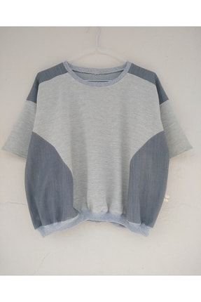 Tasarım Düşük Kol,bisiklet Yaka,gri Örme Kumaş Ve Kot Karışımı Oversize Crop Tshirt LV-0140