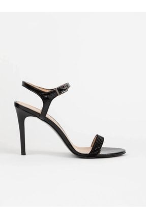Campton Siyah Rugan Taşlı Kadın Topuklu Sandalet R-159