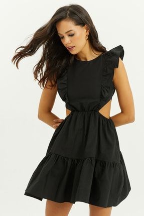 Kadın Siyah Bel Dekolteli Volanlı Mini Elbise SF1523