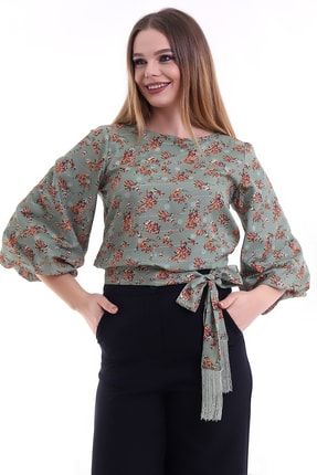 Kadın Bluz Gömlek Çiçek Desen Yandan Bağlamalı Püsküllü Bluz Gömlek Ottw-8005 ottw-8005