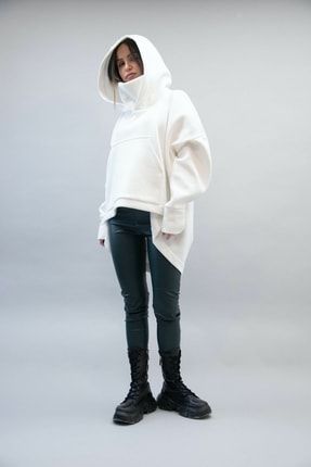 Kadın Beyaz Hoodie Boğazlı Yeni Nesil Kapüşonlu Oversize Sweatshirt 5187 10 OZLKPSWTK