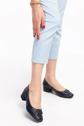 Kadın Lacivert Deri Tokalı Şık Topuklu Ayakkabı vdt41
