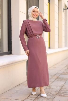 Krep Kumaş Katlı Elbise - Gül Kurusu CELB8082ML