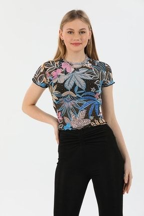 Kadın Çiçek Desenli Kısa Kol Tül Transparan Bluz DYM-02
