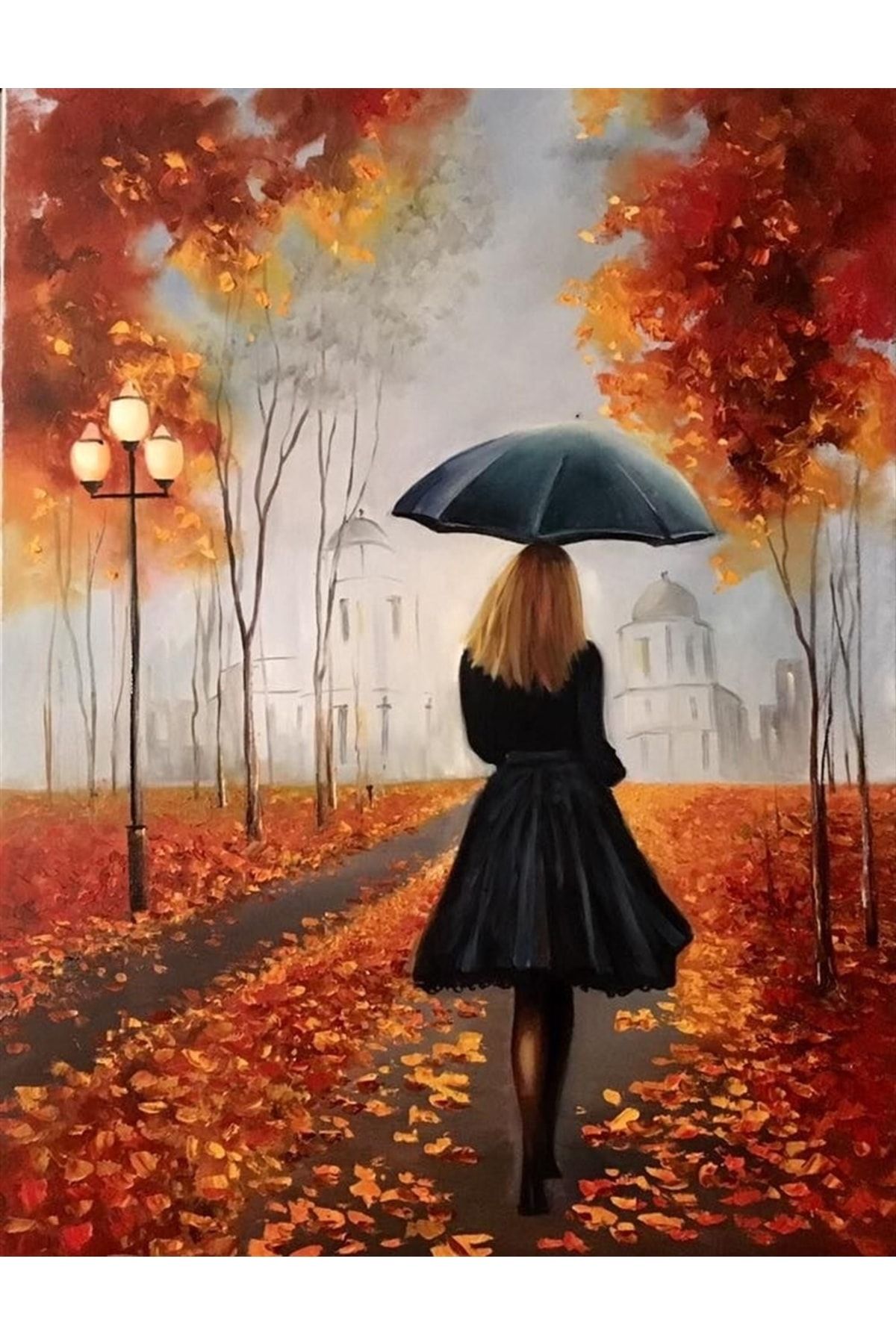 Картина женщина в Красном на аллее, осень