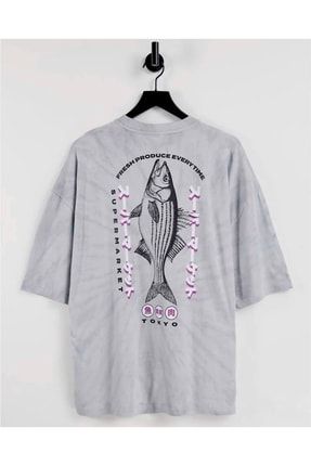 Erkek Gri Batik Desenlik Baskılı Bisiklet Yaka Oversize T-shirt ASOS-10