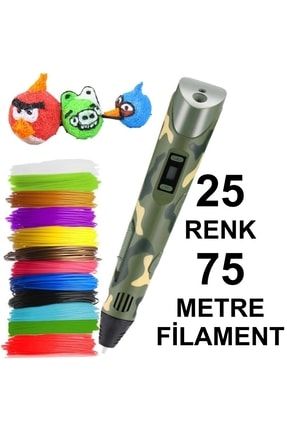 Kamuflaj 3d Kalem Yazıcı+25 Renk 75 Metre(25x3metre)pla Filament RKA25R75M