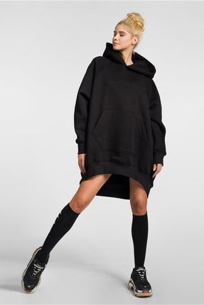 Kadın Siyah Yeni Nesil Tunik Kapüşonlu Sweatshirt Elbise 5197 10 SWTOVKPSWTK
