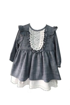 Dantel Ve Fırfır Detaylı Kot Gri Kız Çocuk Bebek Tasarım Elbise 133