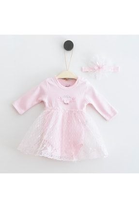 Yeni Doğan Kız Pembe Gül Nakışlı Badi Elbise Set MML-2193