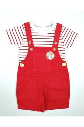 Erkek Bebek Yazlık Keten Salopet Tişört Takım Kırmızı ARYKTNTAKM01