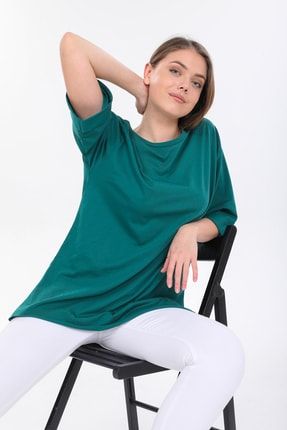 Kadın Turkuaz % 100 Pamuk Yırtmaçlı Oversize Örme T-shirt M094