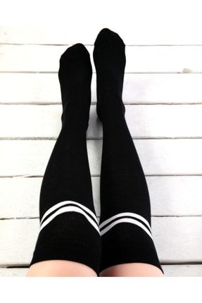 Kadın Beyaz Çizgili Siyah Renk Towel Dizüstü Havlu Taban Çorap BRG718