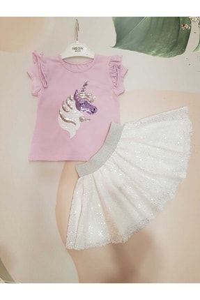 Kız Çocuk Unicorn Pullu Etekli Takım 2829