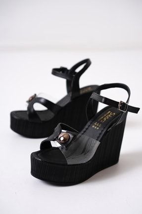 Kadın Siyah Şeffaf Bant Düğme Detaylı Yüksek Dolgu Taban Sandalet Ayakkabı Mb-03 BES-BEYZA-012-S